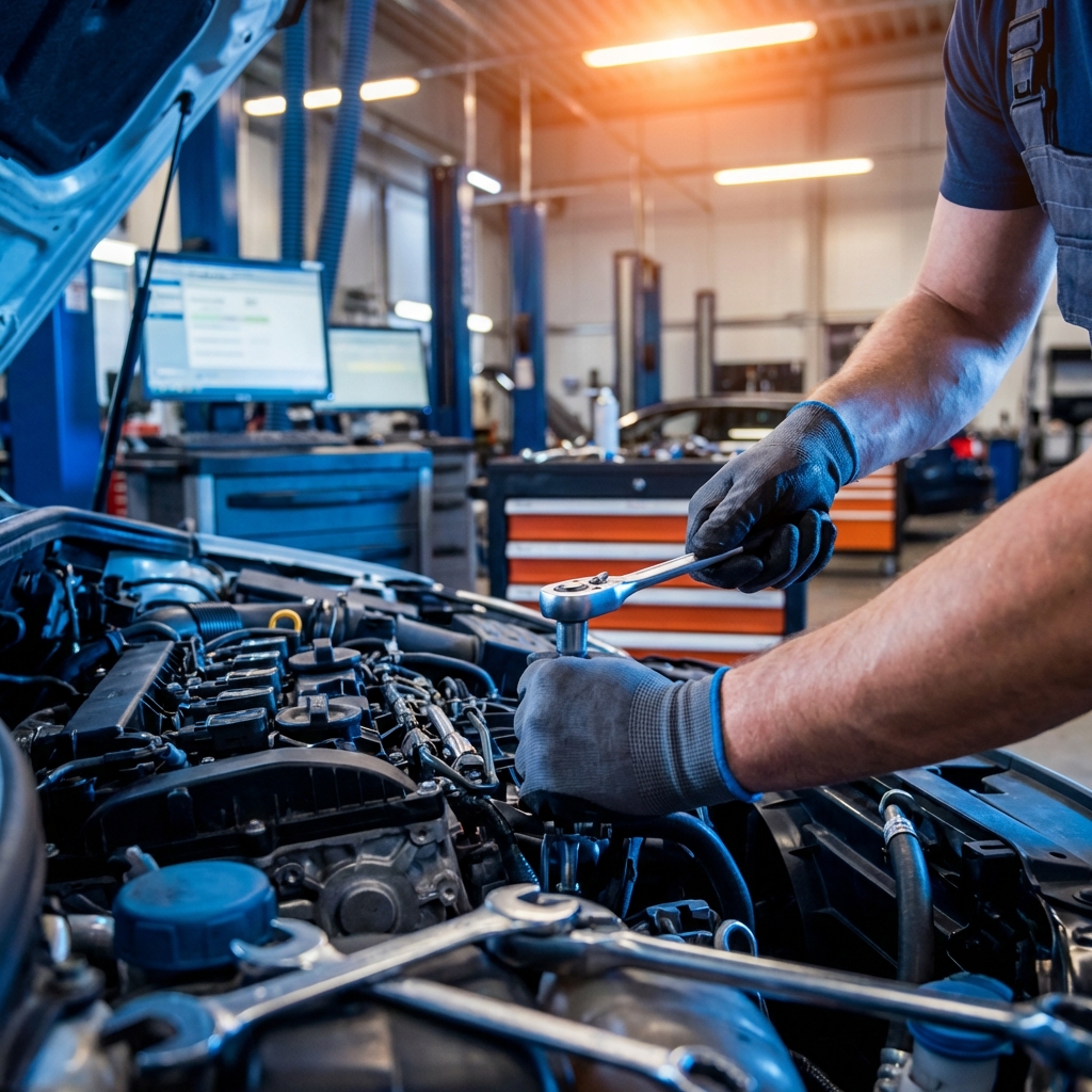 Profesionalūs meistrai dirba prie automobilio